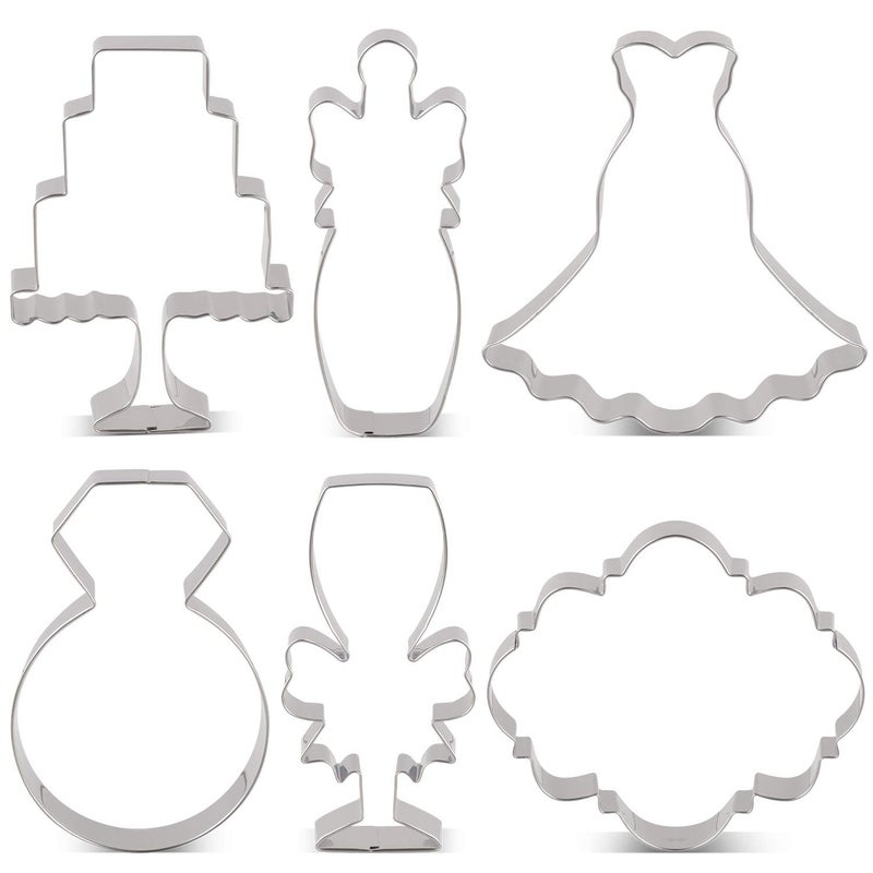 LILIAO Wedding Cookie Cutter Set for Anniversary/Bridal/Engagement - 6 Piece - Diamond Ring, Wedding Dress, Cake, Plaque, Champagne with Ribbon and Champagne Glass with Ribbon - Stainless Steel - Image 1